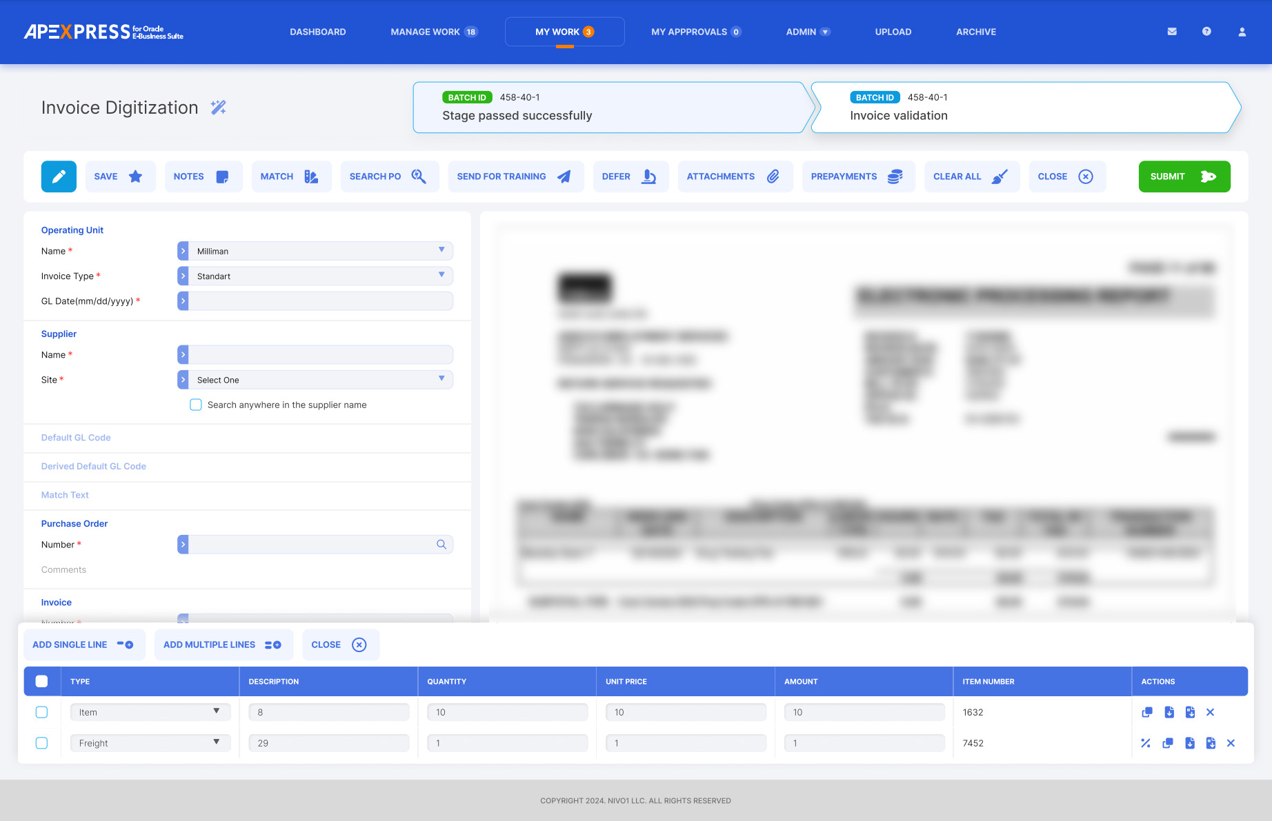 AP Express invoice processing screen